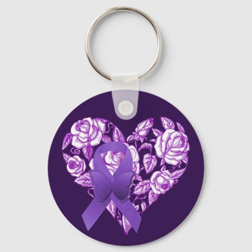 Purple Ribbon Roses Heart Art Keychain