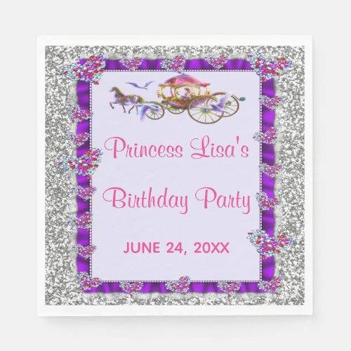 Purple Ribbon Silver Glitter Royal Princess Napkins