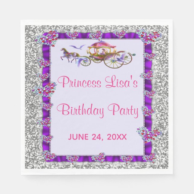 Purple Ribbon Silver Glitter Royal Princess Napkins (Front)
