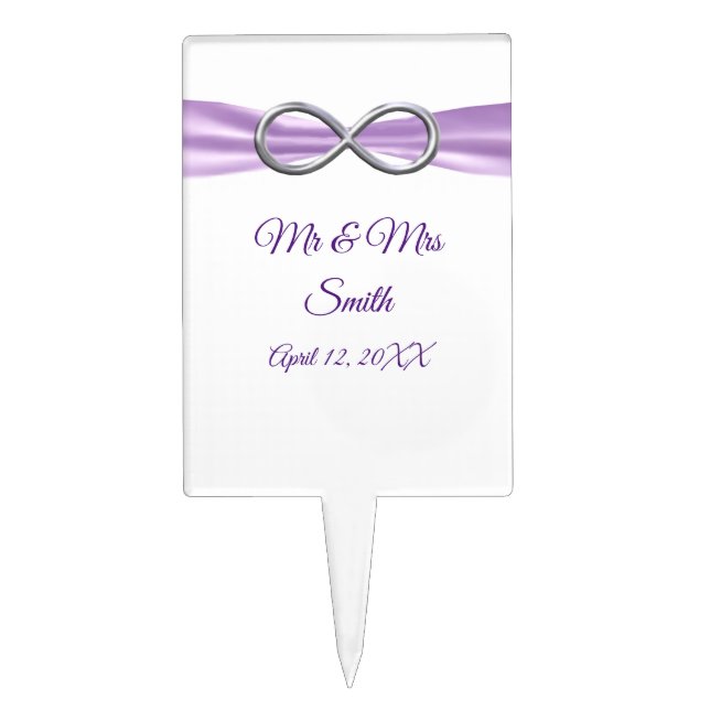 Purple Ribbon Silver Infinity Wedding Cake Topper (Front)