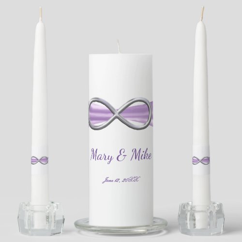 Purple Ribbon Silver Infinity Wedding Unity Candle Set