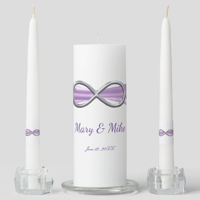 Purple Ribbon Silver Infinity Wedding Unity Candle Set (Front)
