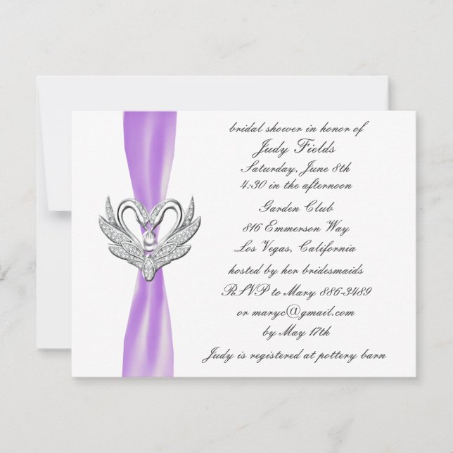 Purple Ribbon Silver Swans Bridal Shower Invite (Front)