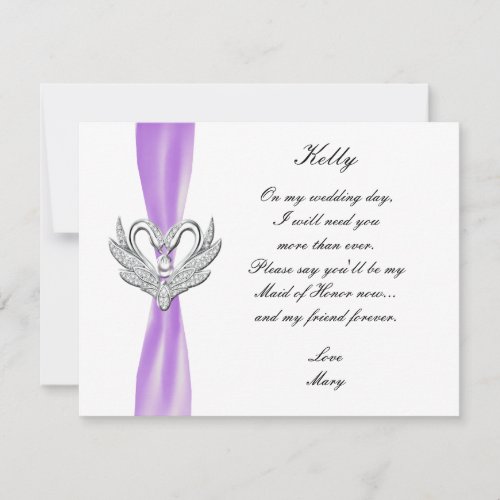 Purple Ribbon Silver Swans Maid Of Honor Card