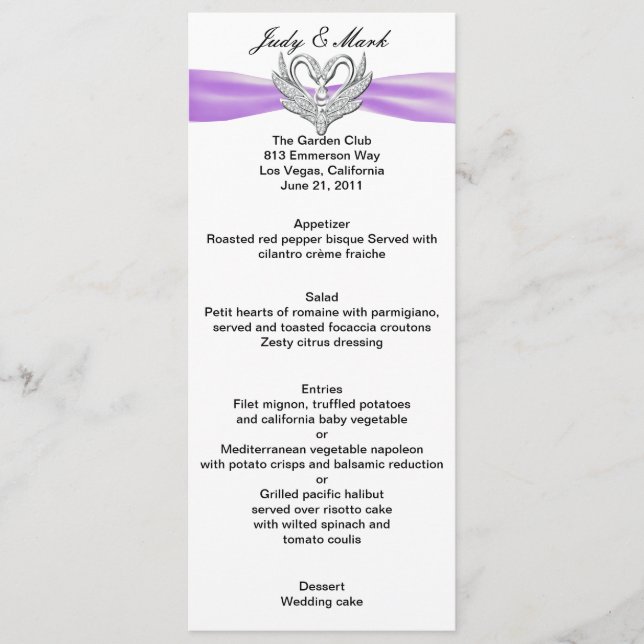 Purple Ribbon Silver Swans Menu Card (Front)
