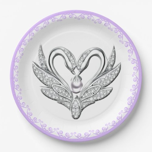 Purple Ribbon Silver Swans Paper Plate