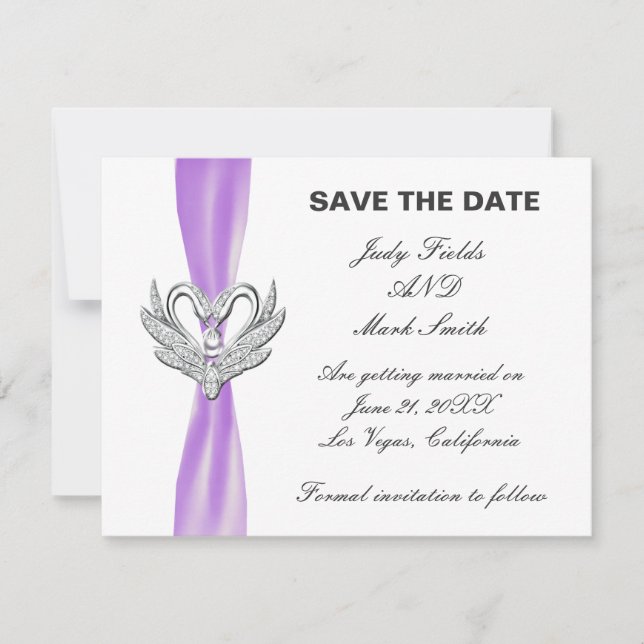 Purple Ribbon Silver Swans Save The Date Card (Front)