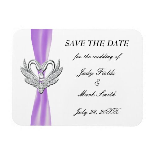 Purple Ribbon Silver Swans Save The Date Magnet