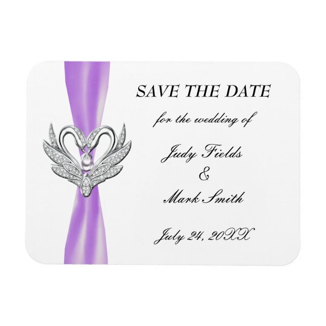 Purple Ribbon Silver Swans Save The Date Magnet (Horizontal)
