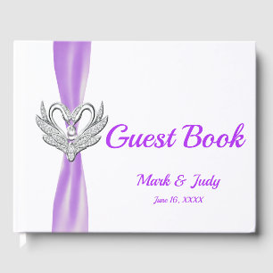 Purple Ribbon Silver Swans Wedding Guestbook