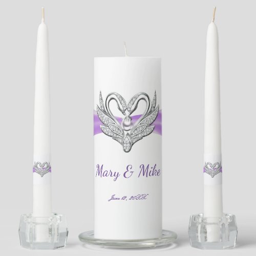 Purple Ribbon Silver Swans Wedding Unity Candle Set