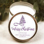 Purple Ribbon Tree Merry Christmas Script Classic Round Sticker<br><div class="desc">This modern holiday sticker features a shiny purple ribbon in the shape of a Christmas tree decorated with sparkly silver glitter. The words "Merry Christmas" appear below in stylish purple calligraphy script. Personalize it with your family's name in serif font.</div>