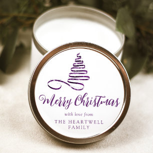 Purple Ribbon Tree Merry Christmas Script Classic Round Sticker