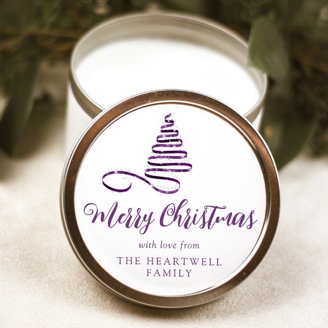 Purple Ribbon Tree Merry Christmas Script Classic Round Sticker (Creator Uploaded)
