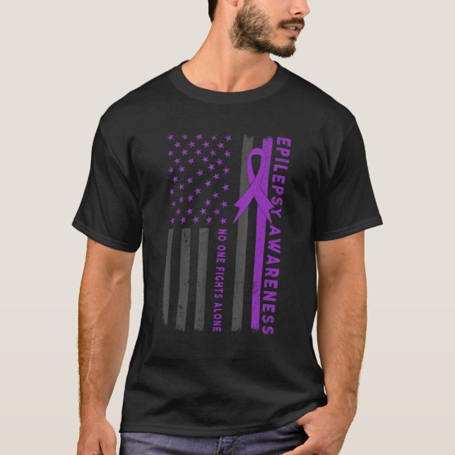 Purple Ribbon US Flag Epileptic Epilepsy Awareness T-Shirt (Front)