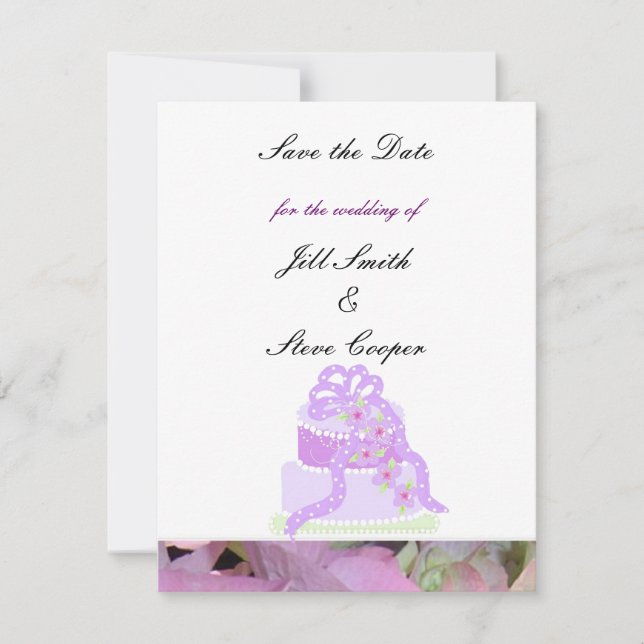 Purple Ribbon Wedding Cake Save the Date (Front)