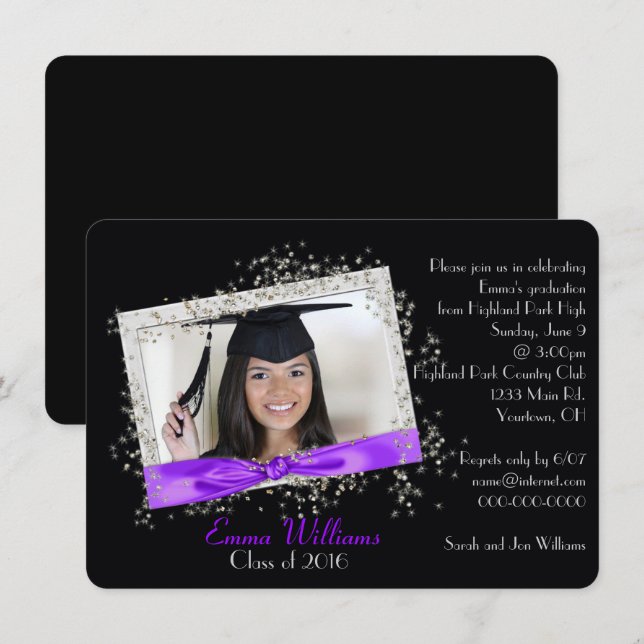 Purple Ribbon with Glitter Graduation Invitation (Front/Back)
