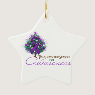 Purple Ribbon Xmas Awareness Season Ceramic Ornament