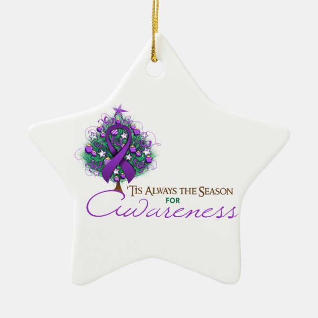 Purple Ribbon Xmas Awareness Season Ceramic Ornament (Front)