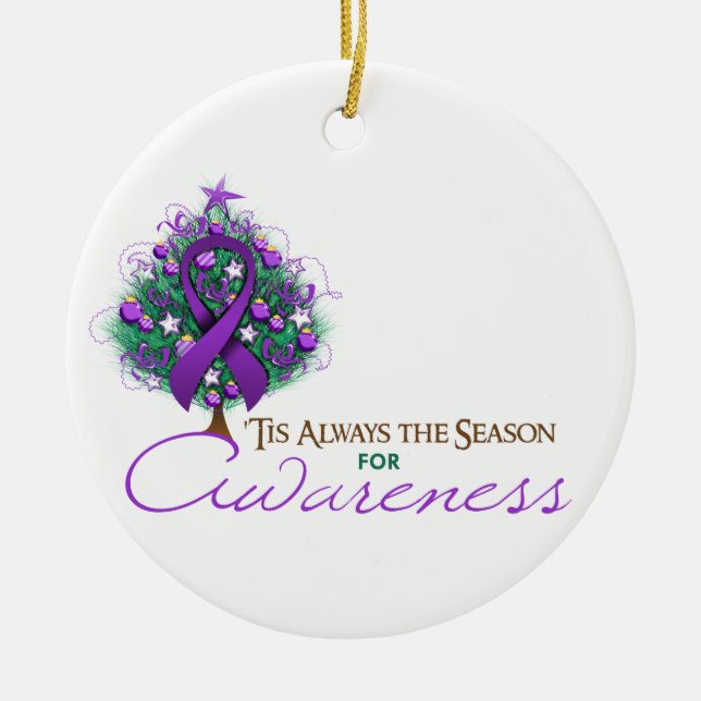 Purple Ribbon Xmas Awareness Season Ceramic Ornament (Front)