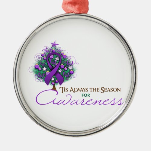 Purple Ribbon Xmas Awareness Season Metal Ornament