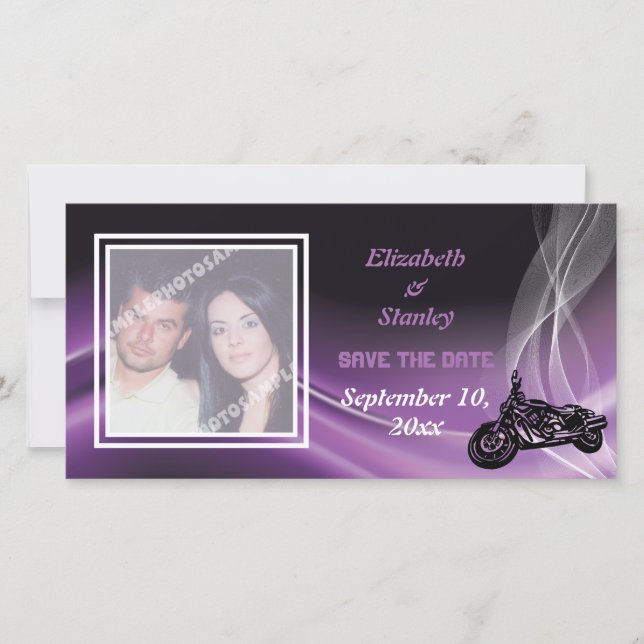 Purple road biker wedding Save the Date photo card (Front)