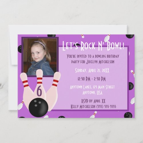 Purple Rock And Bowl With Photo Bowling Party Invitation