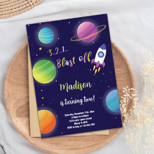 Purple Rocket Outer Space Birthday Invitation