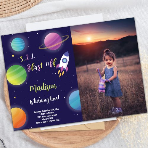 Purple Rocket Outer Space Birthday Invitations pho