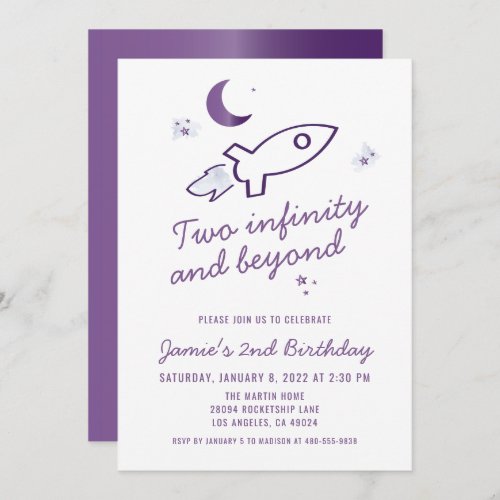 Purple Rocket Ship Outer Space 2nd Birthday Invitation