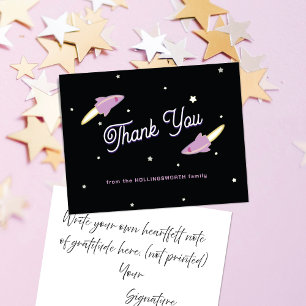 Purple Rockets and Stars Black Thank You Card