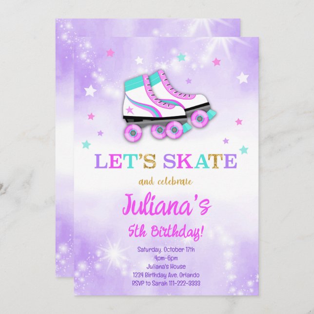 Purple Roller Skate Birthday Invitation (Front/Back)
