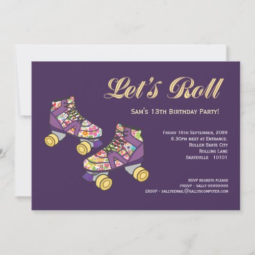 Purple Roller Skate Roller Skating Birthday Party Invitation