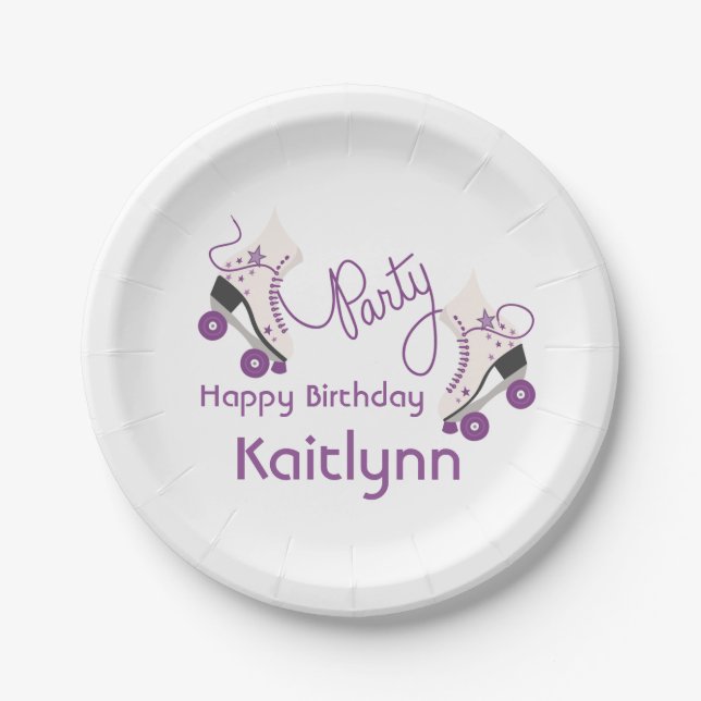 Purple Roller Skates Birthday Party Paper Plates (Front)