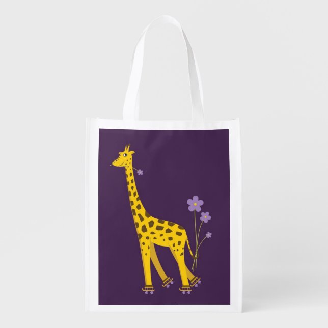 Purple Roller Skating Funny Cartoon Giraffe Grocery Bag (Front)