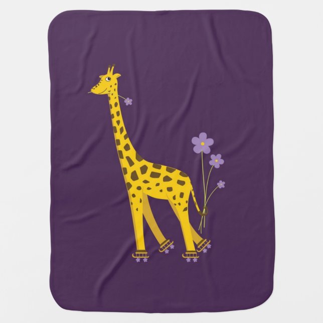 Purple Roller Skating Funny Cartoon Giraffe Receiving Blanket (Front)