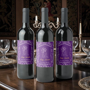 Purple Romance Knight Couple Floral Frame Wine Label