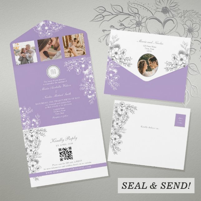 Purple Romantic Floral Photo Wedding All In One Invitation (Creator Uploaded)