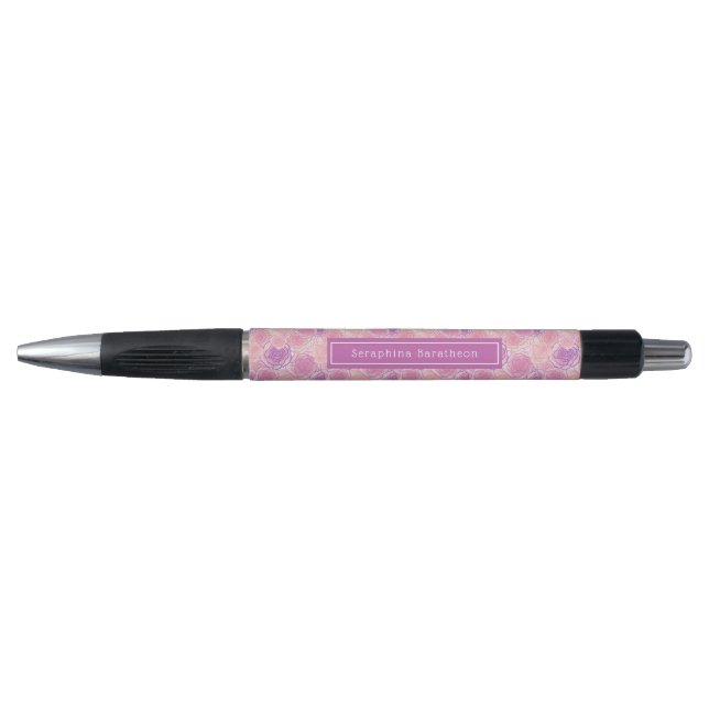 Purple Romantic Floral Roses Custom Name Pen (Front)