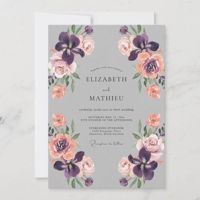 Purple Romantic Floral Wedding Invitation (Front)