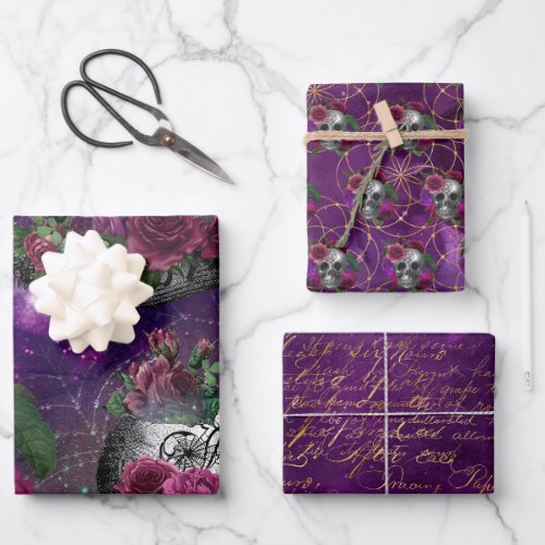 Purple Romantic Gothic Witch and Roses Wrapping Paper Sheets