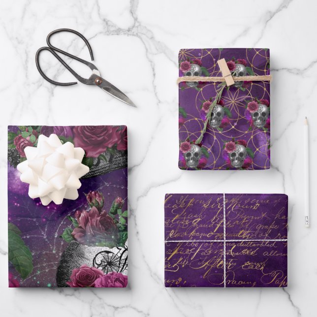 Purple Romantic Gothic Witch and Roses Wrapping Paper Sheets (Front)