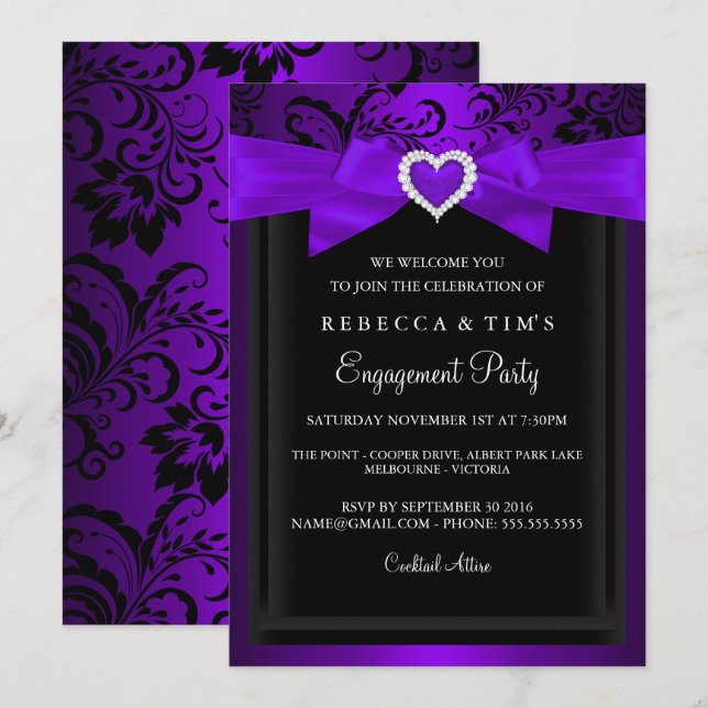Purple Romantic Heart Engagement Party Invitation (Front/Back)