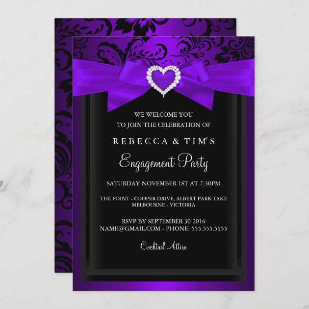 Pretty Floral Bow & Diamante Lilac Personalised Engagement Party Invitations 