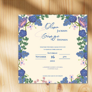 Purple Romantic Pretty Blue Florals Garden Wedding Magnetic Invitation