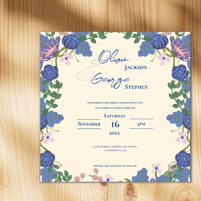 Purple Romantic Pretty Blue Florals Garden Wedding Magnetic Invitation (Purple Romantic Pretty Blue Florals Garden Wedding Magnetic Invitation)