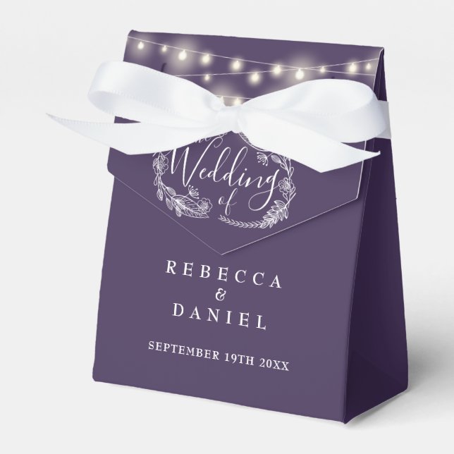 Purple Romantic String Lights Floral Wedding Favor Boxes (Front Side)