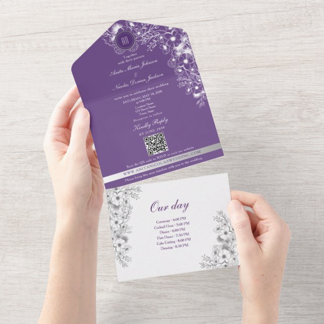 Purple Romantic Timeline Photo Wedding All In One Invitation (Tearaway)