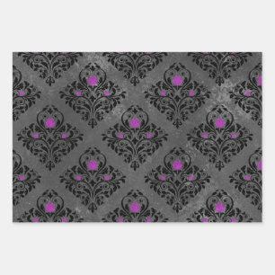 Purple Rose and Black Damask Wrapping Paper Sheets