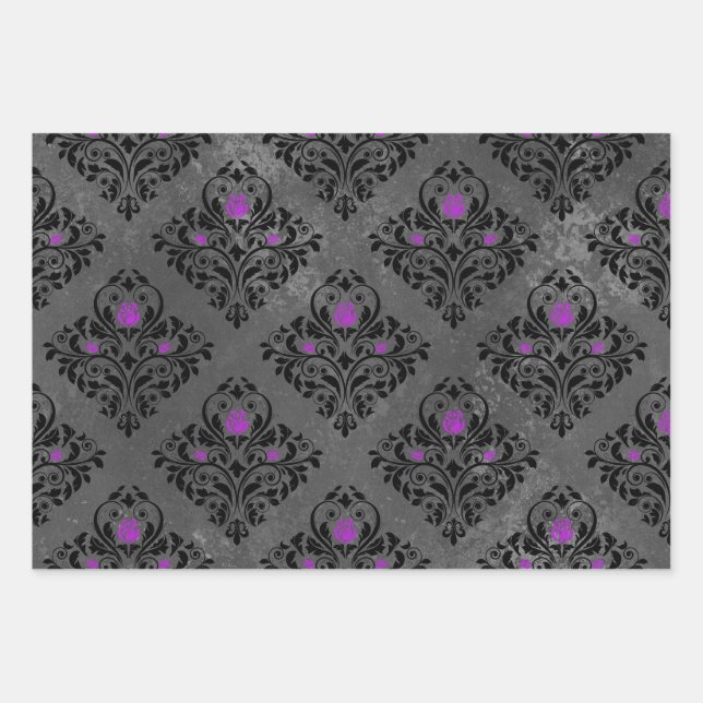 Purple Rose and Black Damask Wrapping Paper Sheets (Front)